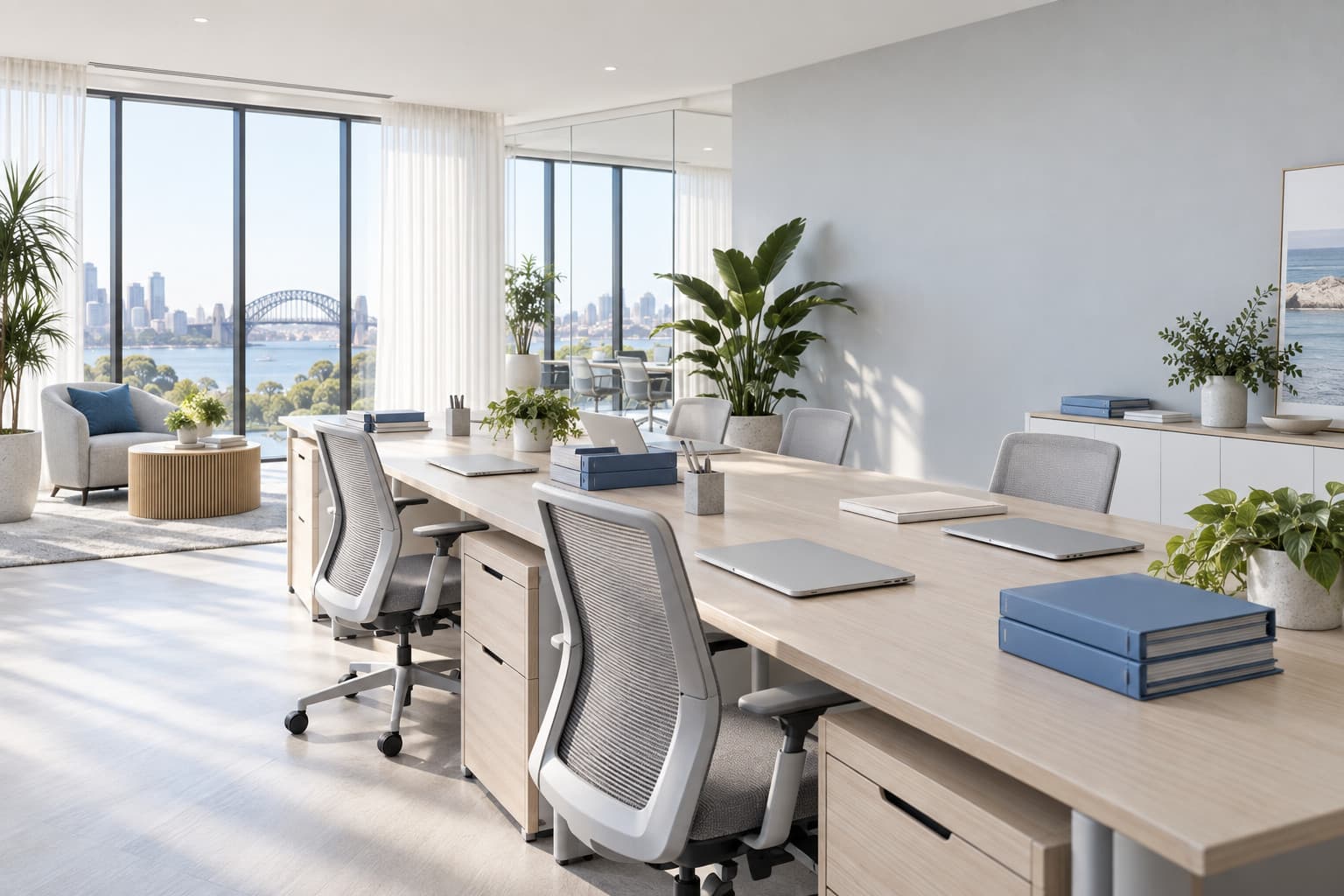 An empty, light-filled property-management office with oak desks, closed laptops and blue binders, overlooking Sydney Harbour.
