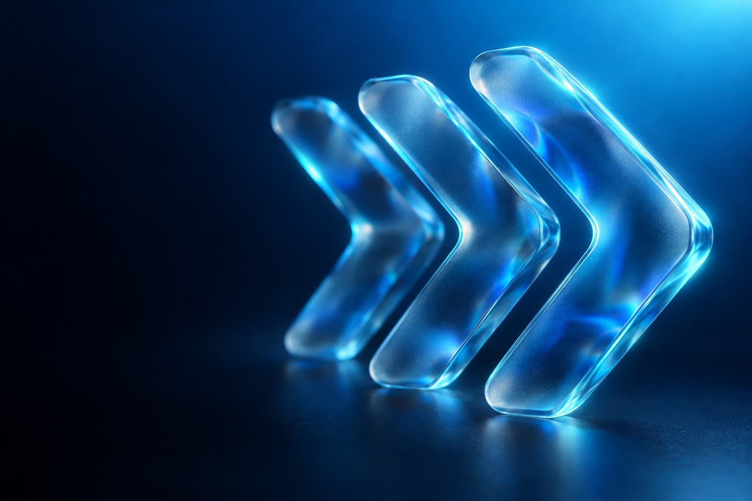 Three frosted-glass chevrons glowing cyan against a deep navy-to-blue gradient.