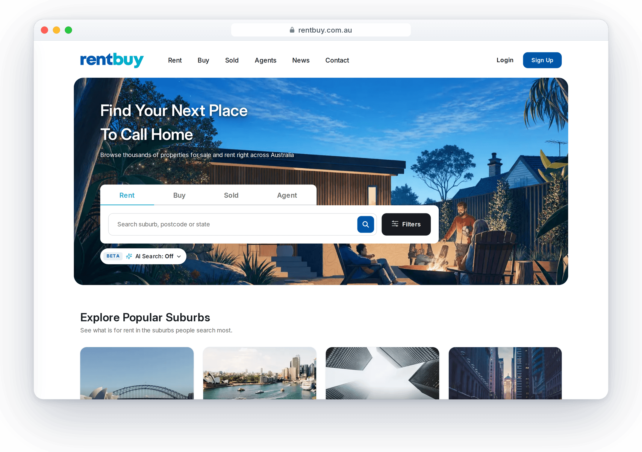The RentBuy home page in a browser window: property search with Rent, Buy, Sold and Agent tabs and a beta AI search toggle.