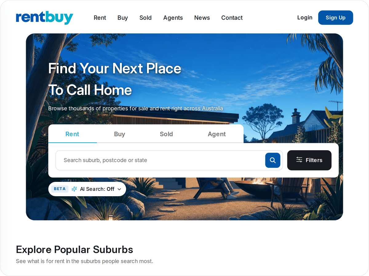 RentBuy property search with a suburb search box, filters and a beta AI search toggle over an illustrated backyard scene.
